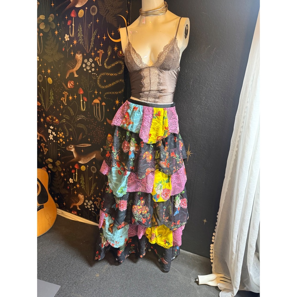 L'atiste by Amy Floral Patchwork Lace Tiered Maxi Skirt Boho Ruffle Multi Color